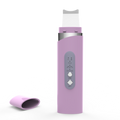 A compact, handheld skin scrubber device in purple color, featuring a large spatula and blue LCD light