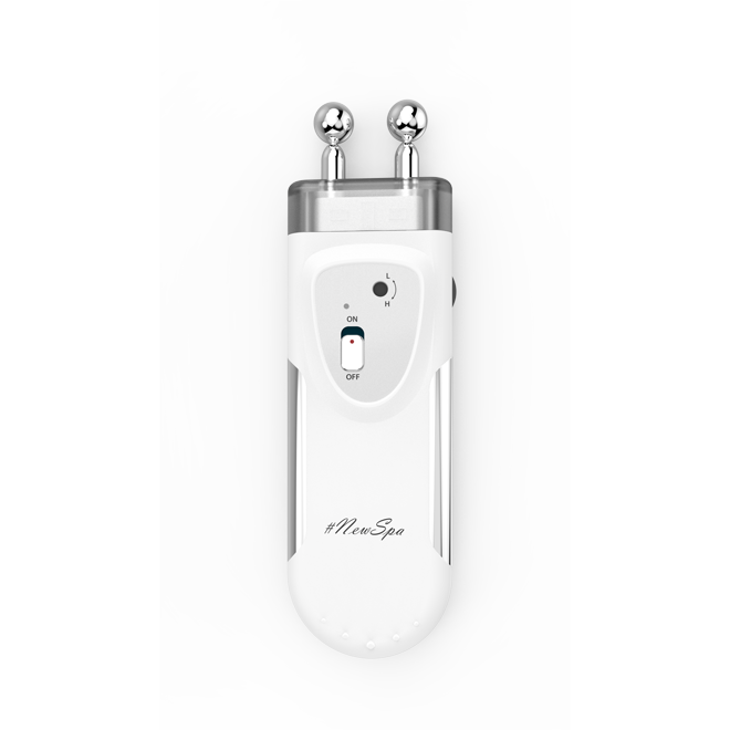 White microcurrent device with two silver knobs on a white background