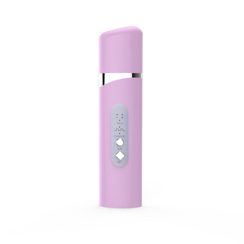 Pink skin scrubber device with a silver logo on a white background