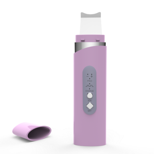 A compact, handheld skin scrubber device in purple color, featuring a large spatula and  blue LCD light