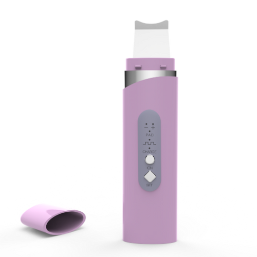 A compact, handheld skin scrubber device in purple color, featuring a large spatula and  blue LCD light